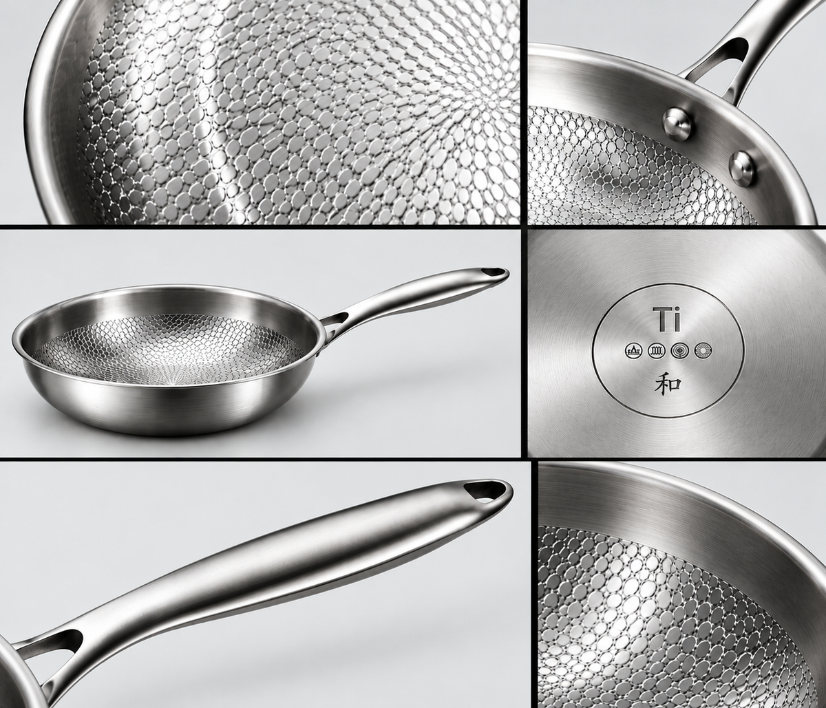 Takora titanium frying pan shown from multiple angles