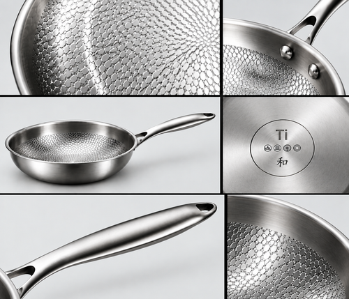Takora titanium frying pan shown from multiple angles